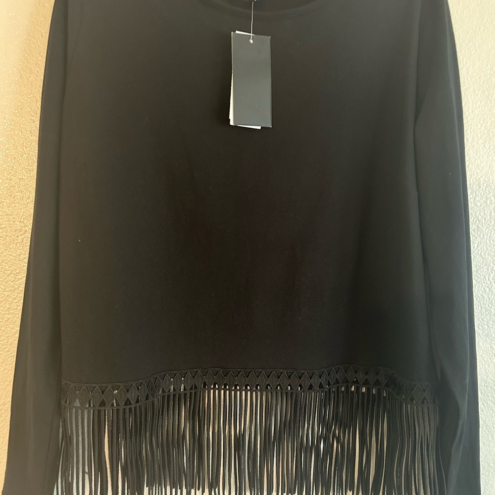 Black Fringe Long Sleeve Top